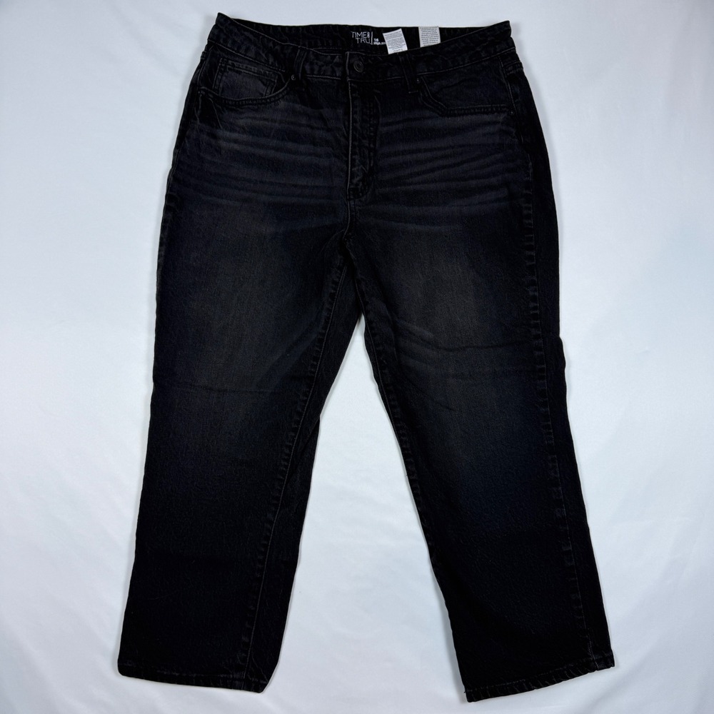 Time and Tru Straight Leg Jeans Women 16 Black High Rise Faded Denim